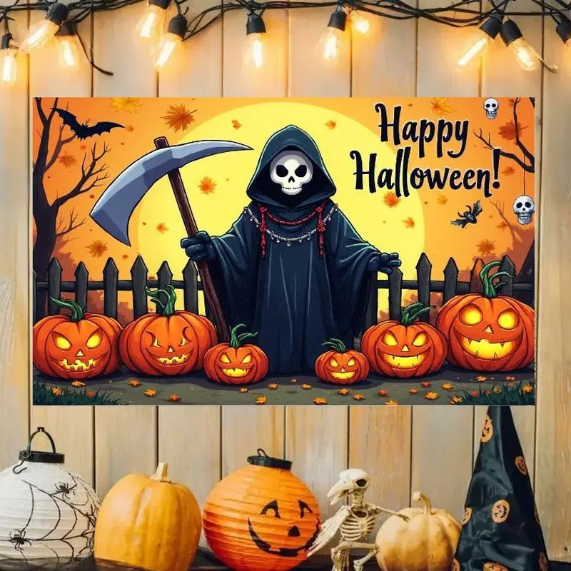 VIKAMA Halloween Pumpkin Reaper Bat Tapestry, Happy Halloween Wall Hanging for Bedroom, Spooky Indoor Party Wall Decor