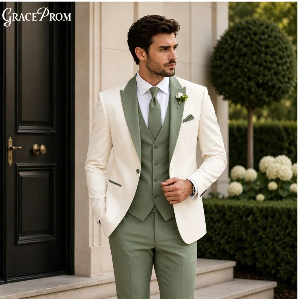 Fashion White Sage Green Men Suit Set 3PCS 2027 For Wedding Formal Business Groom Best Man Outfit Office Customized Men's Suit