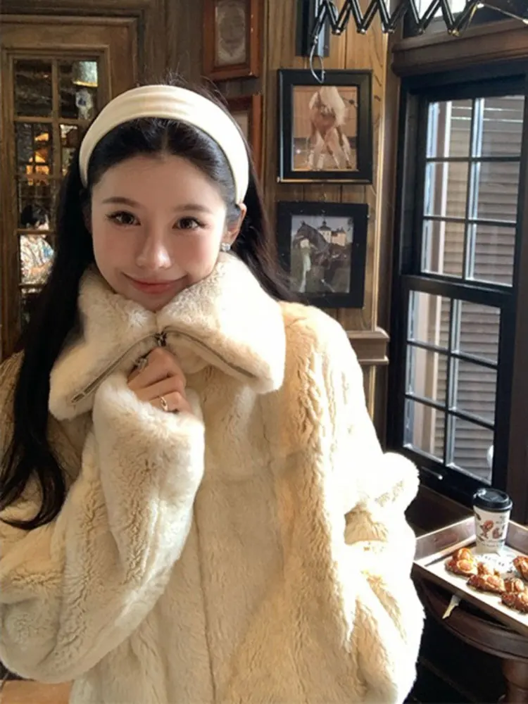 

Korean Retro Thi Warm Collar Fur Coat Women Winter Small Size Loose Slim ort Leather Fur Top Casual Sle Zipper Closure