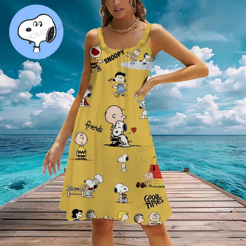 Women's Beach Dresses Kawaii Snoopy 2024 S-3XL Sling New Dress Youthful Woman Clothes Boho Summer Y2k  Fashion