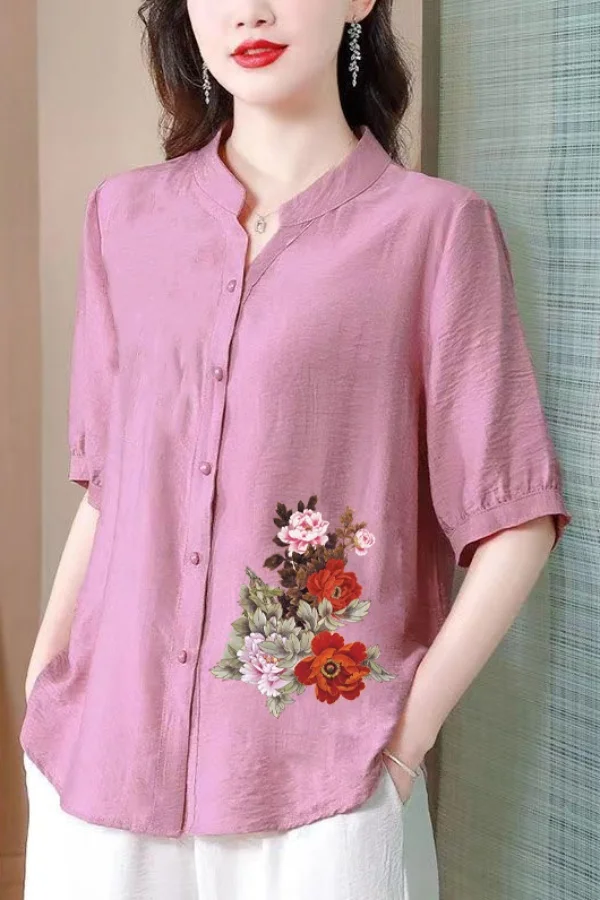 

Women Solid Color Retro Short-sleeved Shirt Summer Loose and Versatile Casual Cotton Linen Slimming Top V-neck Cardigan