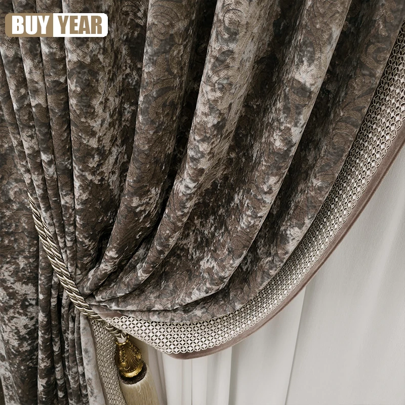 

French Light Luxury Gray-blue Curtain for Living Dining Room Bedroom Villa Modern High-end Velvet High-end Retro Custom Size