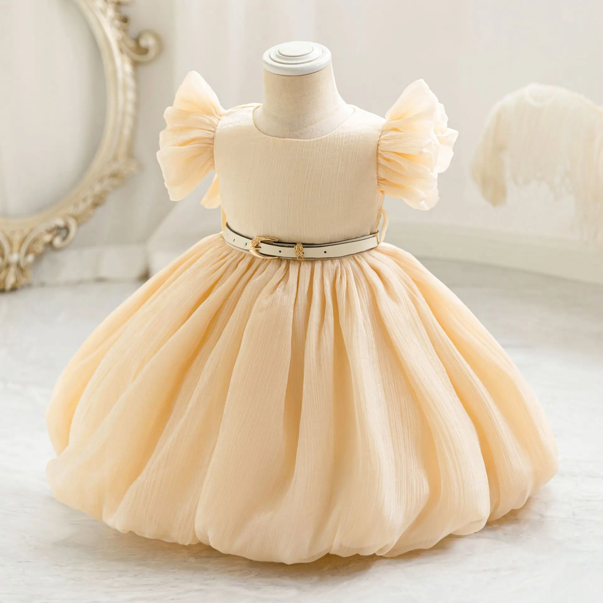 HETISO Leather Sashes Dress for Girls 1 Year First Birthday Kids Elegant Dresses Tulle Baby Party Gown 2 4Y