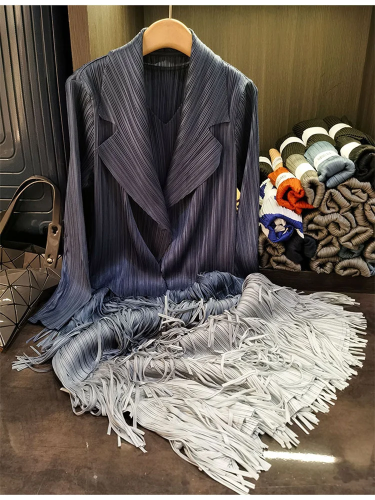Miyake Heavy Industries Pleated Women Suit French High-end Gradient Tassel Dress Suit Collar Jacket Women 2023 Autumn Winter New