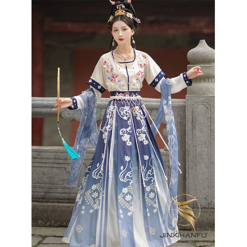 JINXIHANFU Original Design New Flower Half Arm Printed Ru Skirt Middle Antique Three-piece Hanfu Dress Women