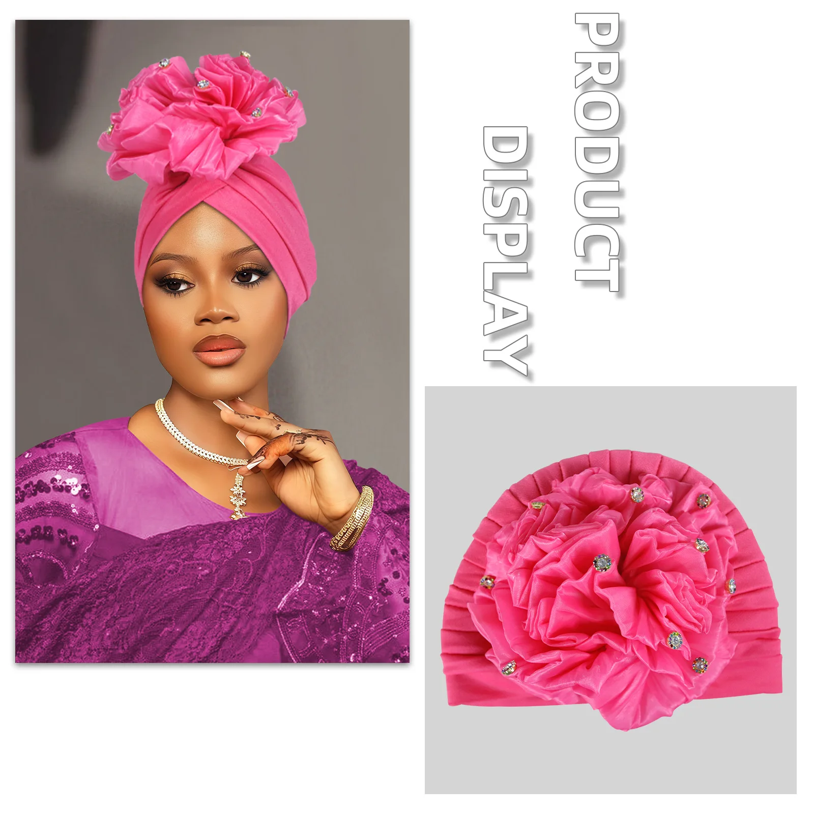 

Big Flower Turban Cap for Women African Geles Headties Bonnet Pleated Hat Muslim Hijab Head Wrap Nigeria Wedding Party Headgear
