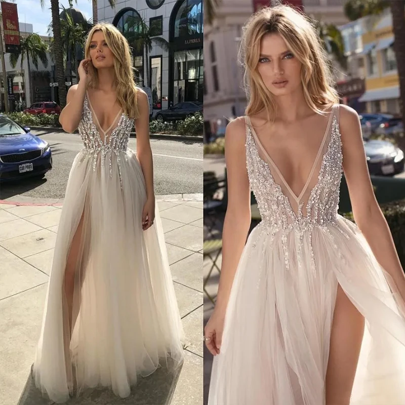 Customized ZJ6016 High Split Wedding Dress 2025 Tulle Spaghetti Straps Beach Bridal Gown Sweep Train V-Neck Custom