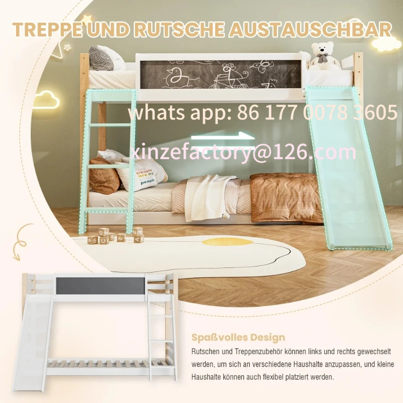 سرير بطابقين قابل للتخصيص مع سلالم منزلقة من الخشب المستقر + إطار PB، شبكة بأربعة جوانب، 747 صديقة للبيئة، تناسب 90 × 190/200 سم ماتري #4