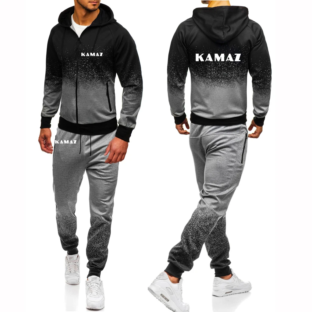 

2025 Spring And Autumn Man's KAMAZ TRUCK Logo Print Zipper Hooded Handsome Hoodies+Drawstring Long Pants Gradient Color Suits