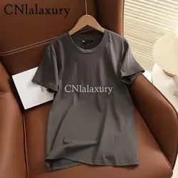 Cnlalaxury-シンプルで抵抗力のあるラウンドネックTシャツ,女性用,綿のベーシックトップス,原宿,2023