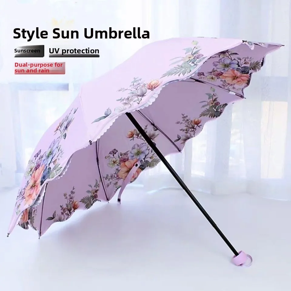 

Women's UV Protection Sun Rain Umbrella Double Layer Bla Glue Sunade Heat Insulation Eight Bone Foldable Umbrella