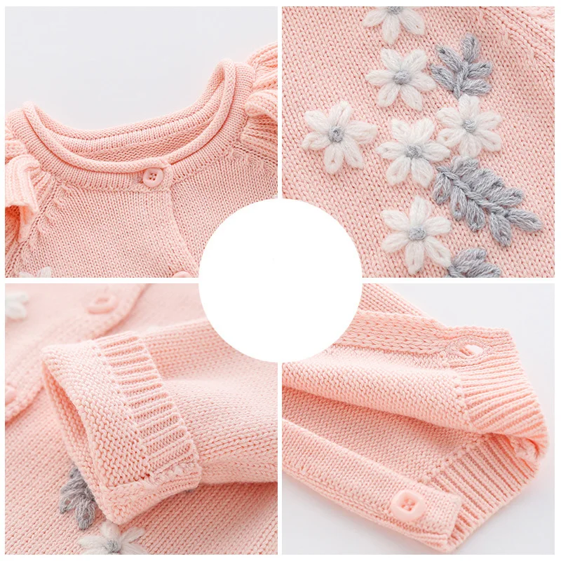 Newborn Baby Girl Knitting Jumpsuit+Hat Flower Embroidery Toddler Baby Girl Romper Spring Autumn Children Knitting Clothes