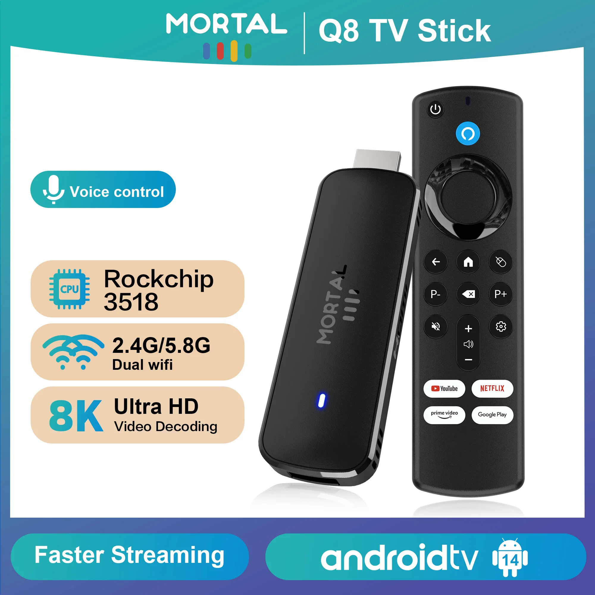 2026 Q8 RK3518 TV Stick 8K, Android TV 14, WiFi 6 Portable Streaming Media, Quad Core ARM Cortex A53, Netflix Smart TV Dongle