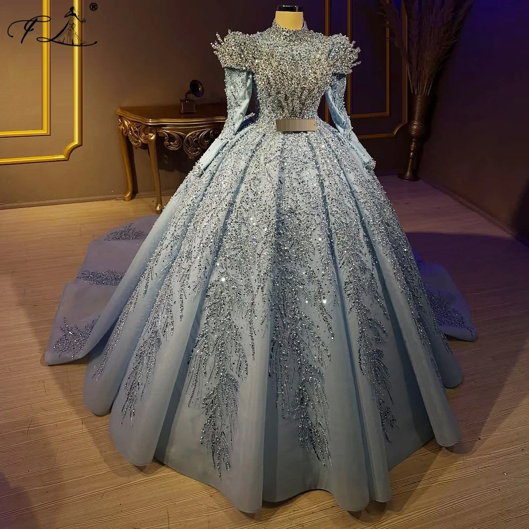 

Crystal Pearl Embroidered Wedding Dress Train Light Blue Heavywork Formal Dress Court Style Puffed Formal Dress Customizable