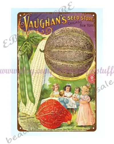 1891 Children eating muskmelon Vaughans seed store gardening metal tin sign