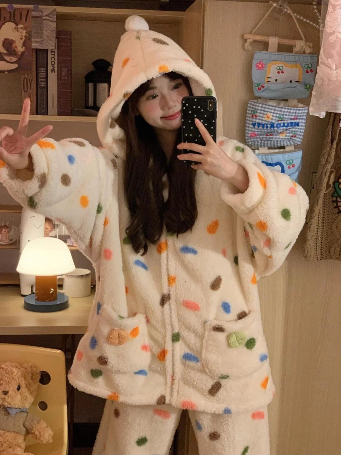 Colorful Dot Plush Pajama Sets Winter Warm Fluffy Zipper Sleepwear Pocket Women Soft Christmas PJS Y2K Korean Kawaii Nightwear