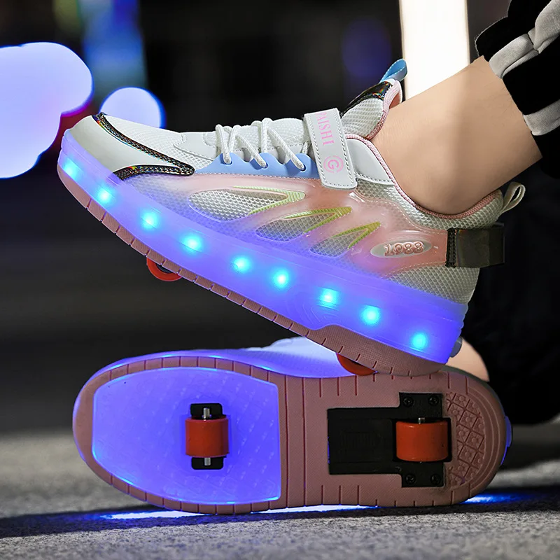 LED Children Two Wheels Shoes Fashion Breathable Kids Roller Skates With USB Charger Boys & Girls & Women Sneakers Size 29-42