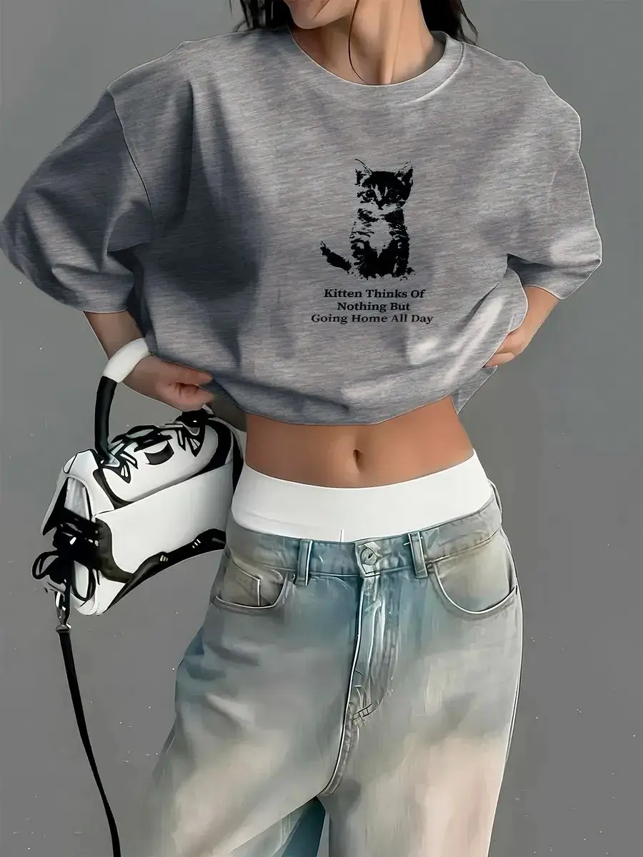 Kitten Thinks of Nothing But Going Home All Day Print Tops Casual Loose O Neck T-shirt Y2k Daily Wear Y2k Xvintage Tees
