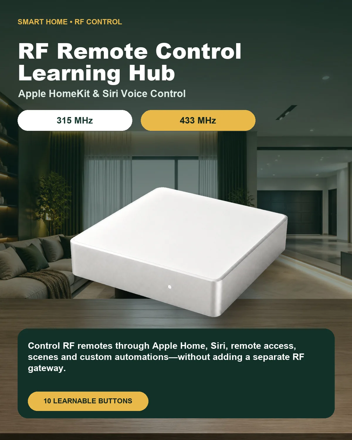 315/433MHz RF Remote Control Learning Hub, 10-Button Smart Home Automation Controller Compatible with Apple HomeKit & Siri