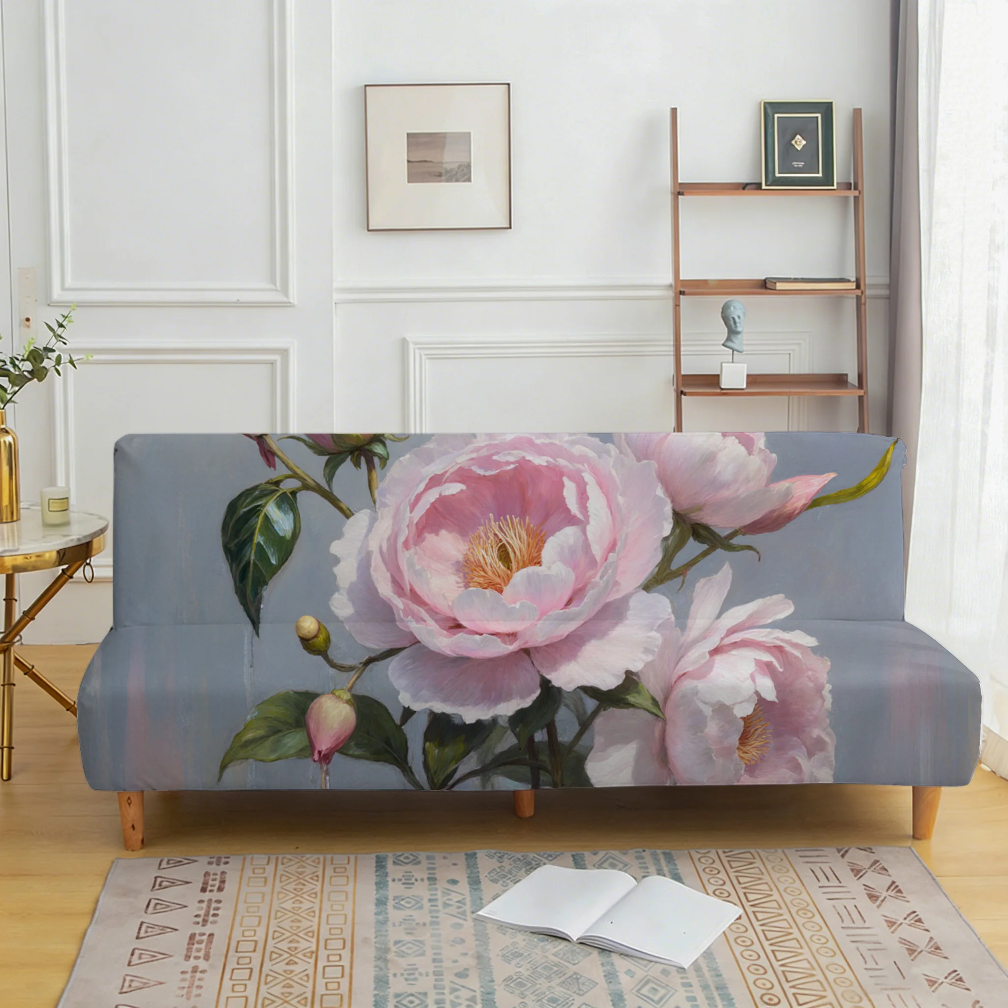 Oil painting wind powder peony elastic sofa bed cover, non-slip and scratch-proof furniture protective cover, easy to install