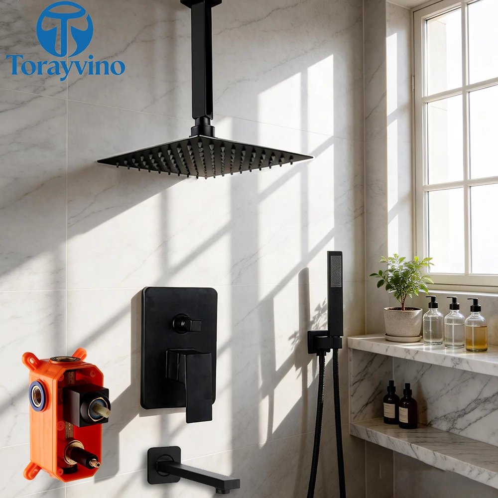 Torayvino Shower System Faucet Set Bathroom Matte Black Outdoor 3-Functions Rainfall Shower Head Bath kit Bathtub Mixer Taps