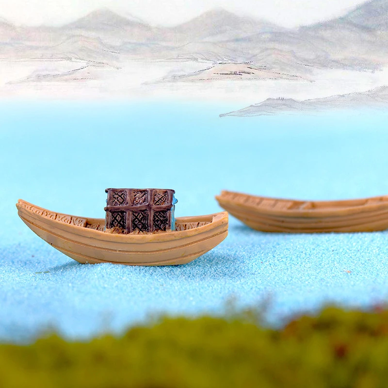 Retro Miniature Resin Boat Figurines Awning Boats Micro Landscape Dollhouse Bonsai Ornament Craft Garden Decor Home