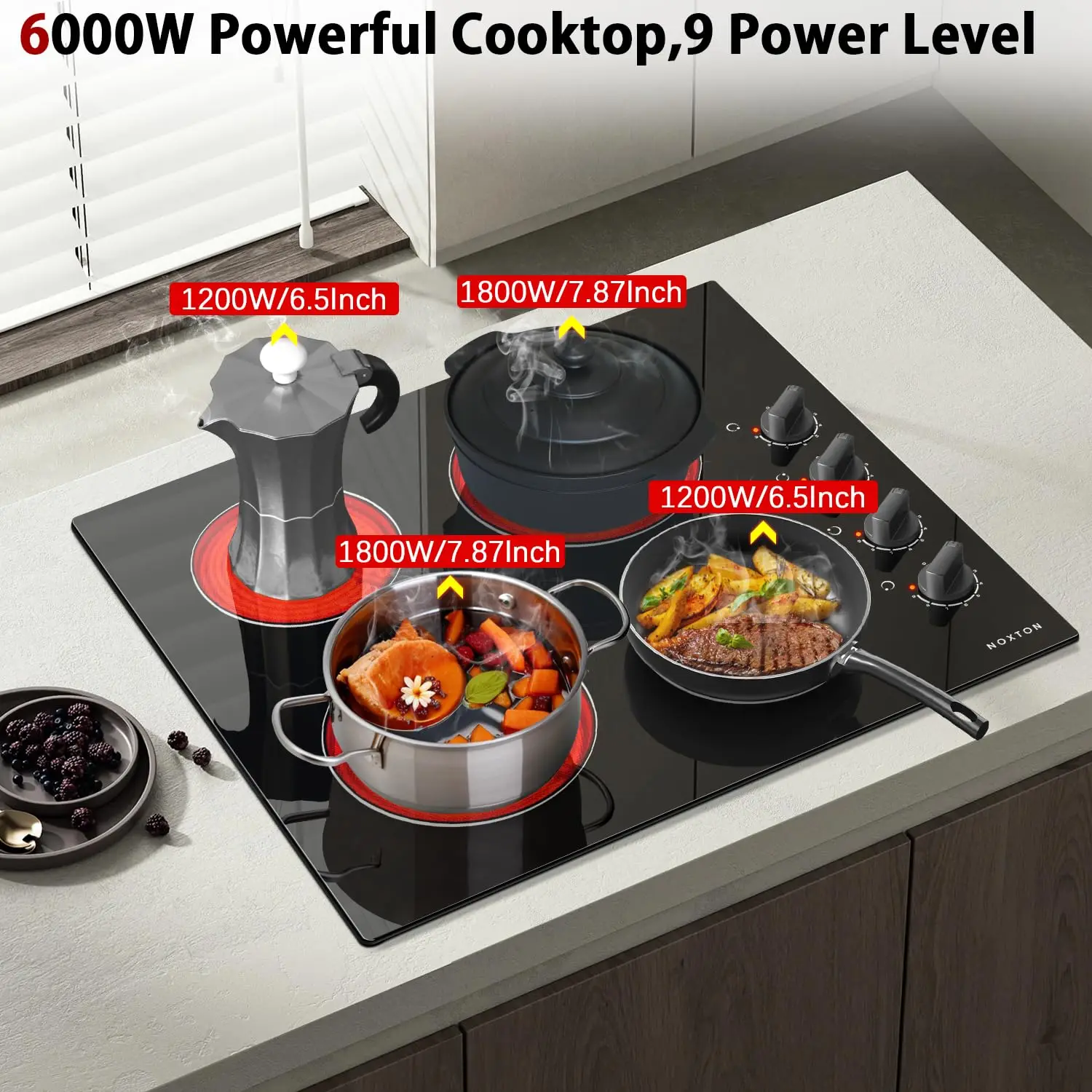 ノックストン 24インチ 電気コンロ 4口 電気ストーブトップ、220-240v、6000W、プラグなし、ハードワイヤー接続