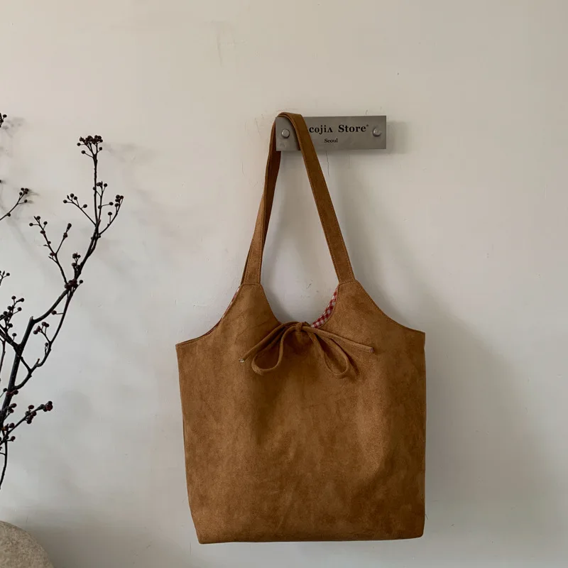 

Korean Lazy Style Plaid Shoulder Bag Women, Retro Double-Sided Matte Tote Bag, Fashion Autumn Winter Commuter Handbag