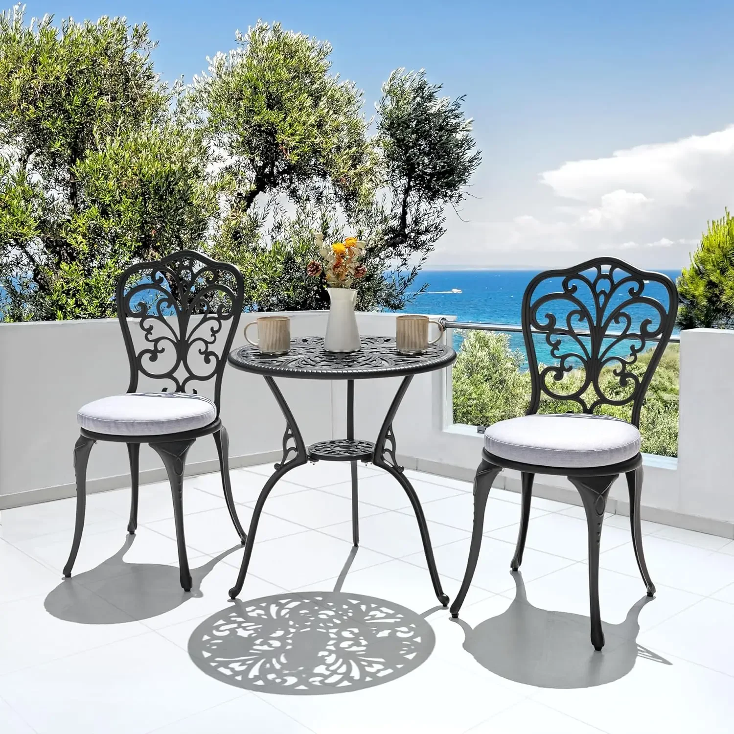 

3 Piece All Weather Cast Aluminum Patio Bistro Sets Patio Table and Chairs Set of 2 with Umbrella Hole for Yard, Balcony, Black