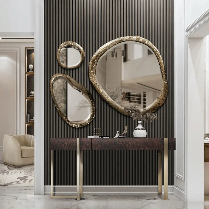 Custom Art Deco Glass And Brass Frame Large Round Wall Mirror For Luxury Decor