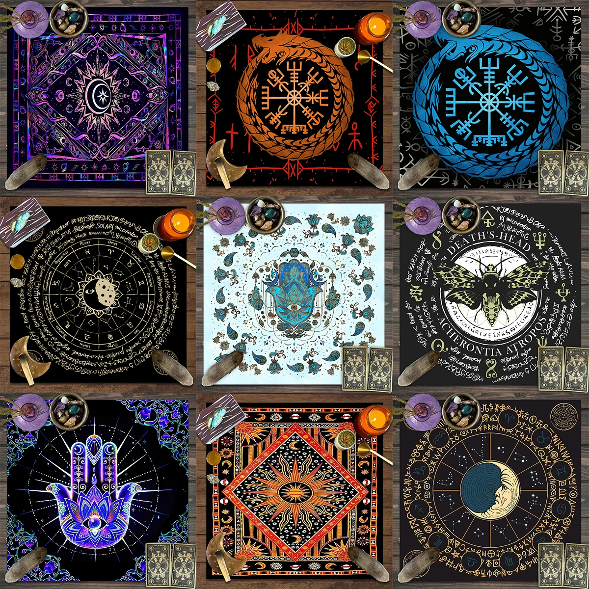 50/75/110/137cm Mysteriou Rune Tarot Card Tablecloth Polyester Starry Sky Moon Phase Astrology Magic Witchcraft Altar Tablecloth