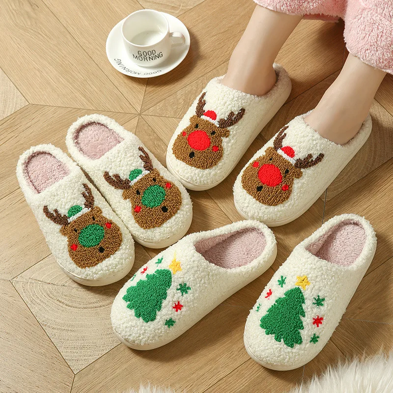 Christmas Plush House Slippers for Women Winter Cozy Warm Anti-slip Slippers Cartoon Indoor and Outdoor Flat Soft Bedroom Shoes