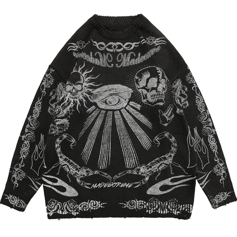 Hip Hop Men's Hip Hop Streetwear Harajuku y2k Oversized Sweater Vintage Anime Knitted Cotton gothic Sweaters Pullover Unisex
