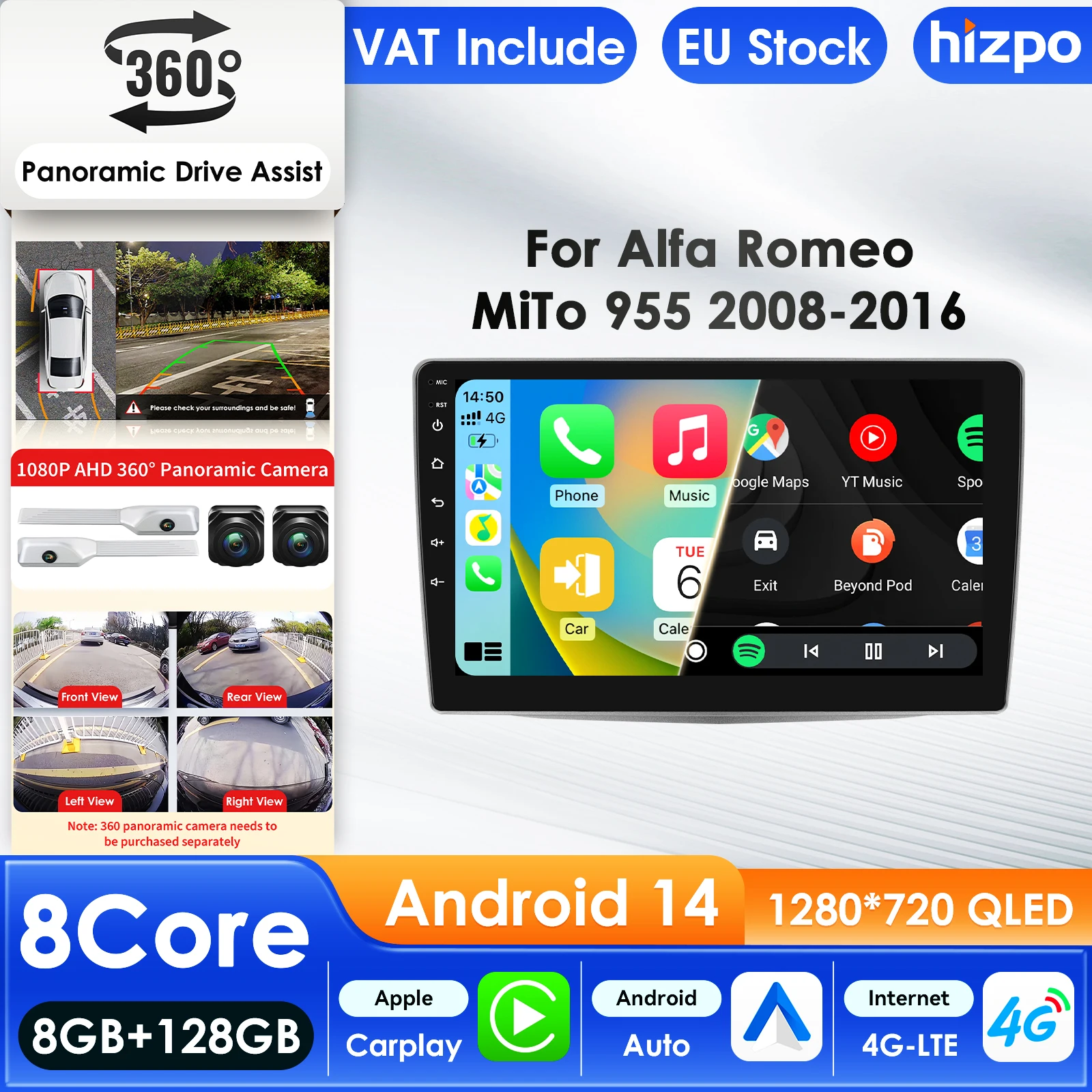 Hizpo Lettore multimediale per auto 2Din per Alfa Romeo MiTo 955 2008-2016 GPS Carplay 4G AI Schermo intelligente Autoradio 360Camera