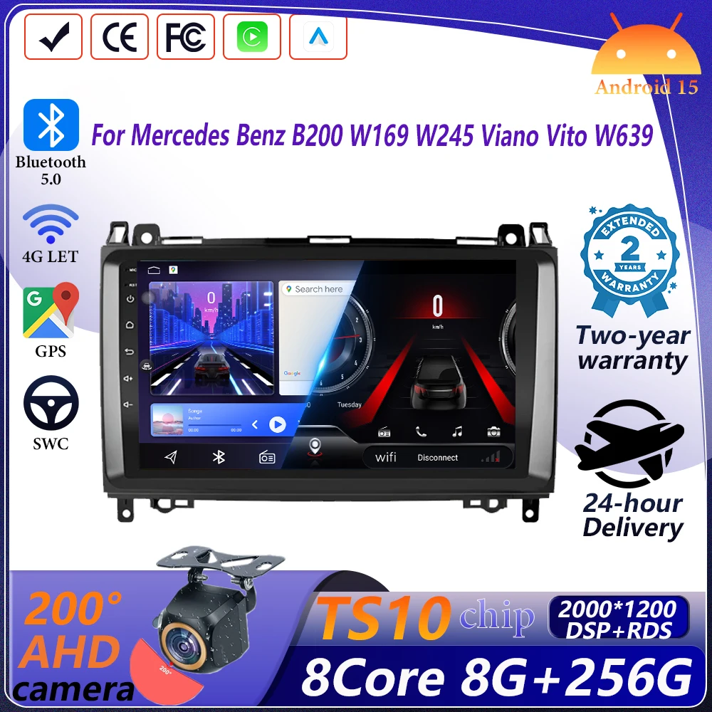 Android 15 Wireless Auto CarPlay For Mercedes Benz B200 Sprinter W906 W639 Classe W169 W245 Multimedia Video Player GPS 5G Wifi