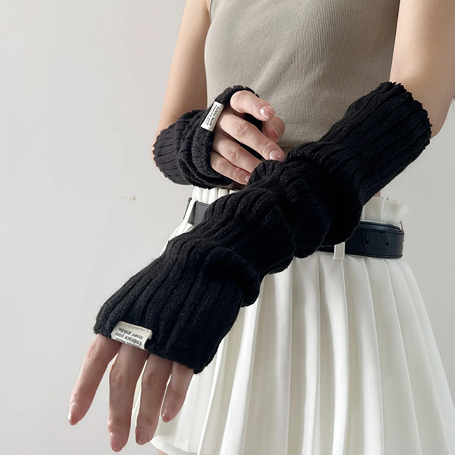 White Lolita Style Long Fingerless Gloves Women Winter Arm Warmer Knitted Arm Sleeve Casual Soft Girls Punk Gothic Mittens