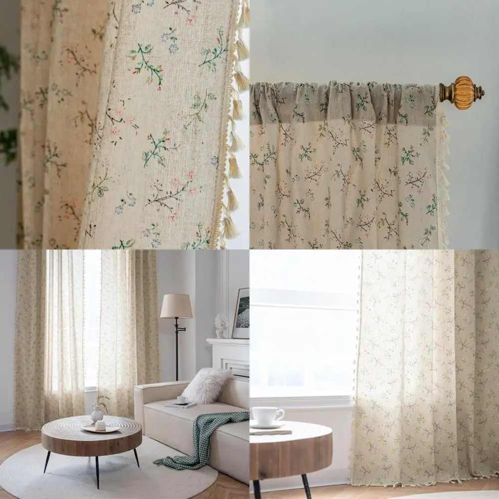 

Floral Bohemian Style Semi-Sheer Curtains, 4-Panel Set, 63 Inches Long for Living Room, Farmhouse Decor