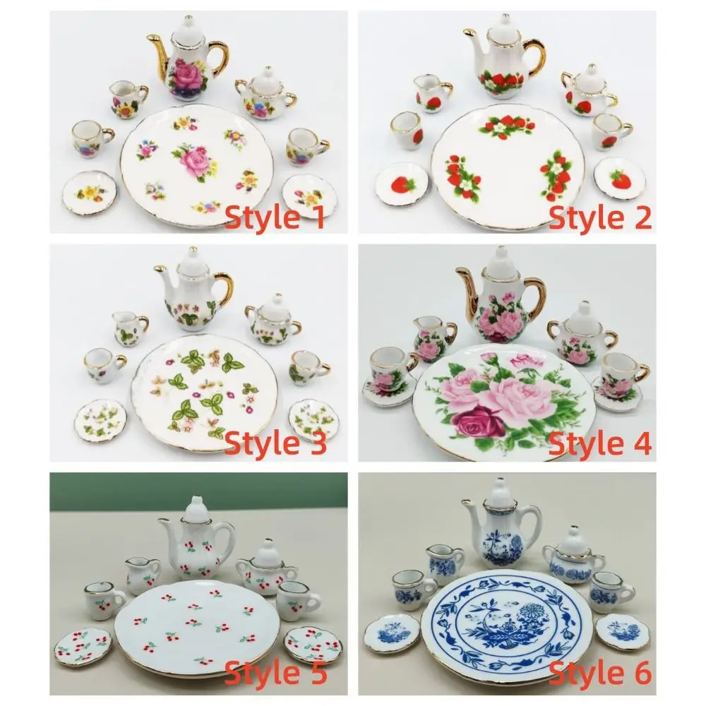

Floral Print Dollhouse Dinnerware Tableware Dish Plate Porcelain Tea Set 1:12 Pink Rose Miniature Cups Pot Pretend Play