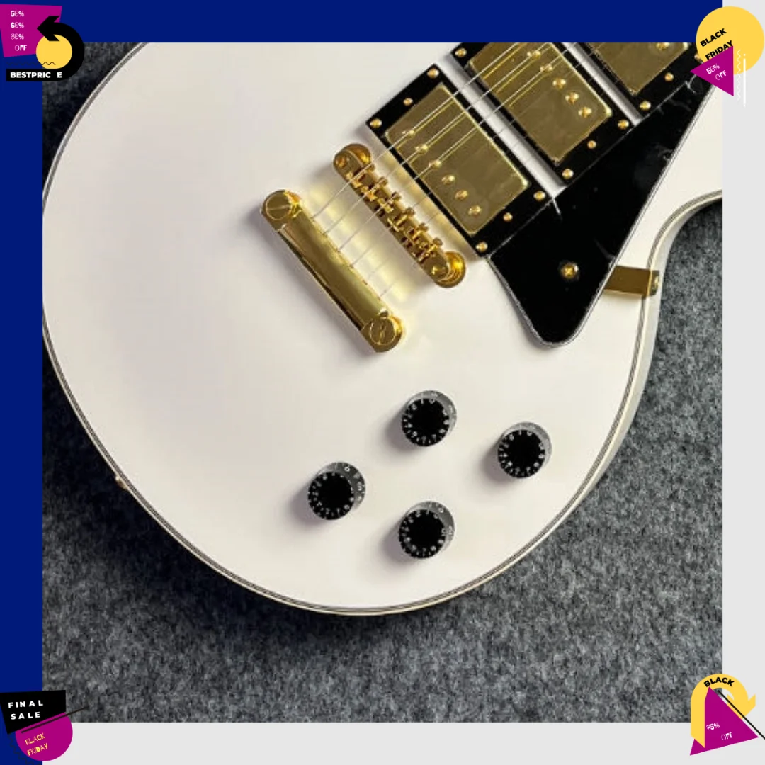 Hot White Body with Gold Binding Electric Guitar  HHH Pickup Mahogany Body Classic Single Cutaway Block Fingerboard Inlays