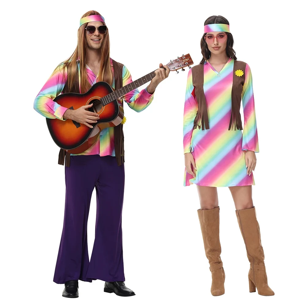 

Halloween Carnival Party Retro 60s 70s Rock Disco Hippie Costumes Adult Fancy Dress Cosplay for Women Men Couples Costume