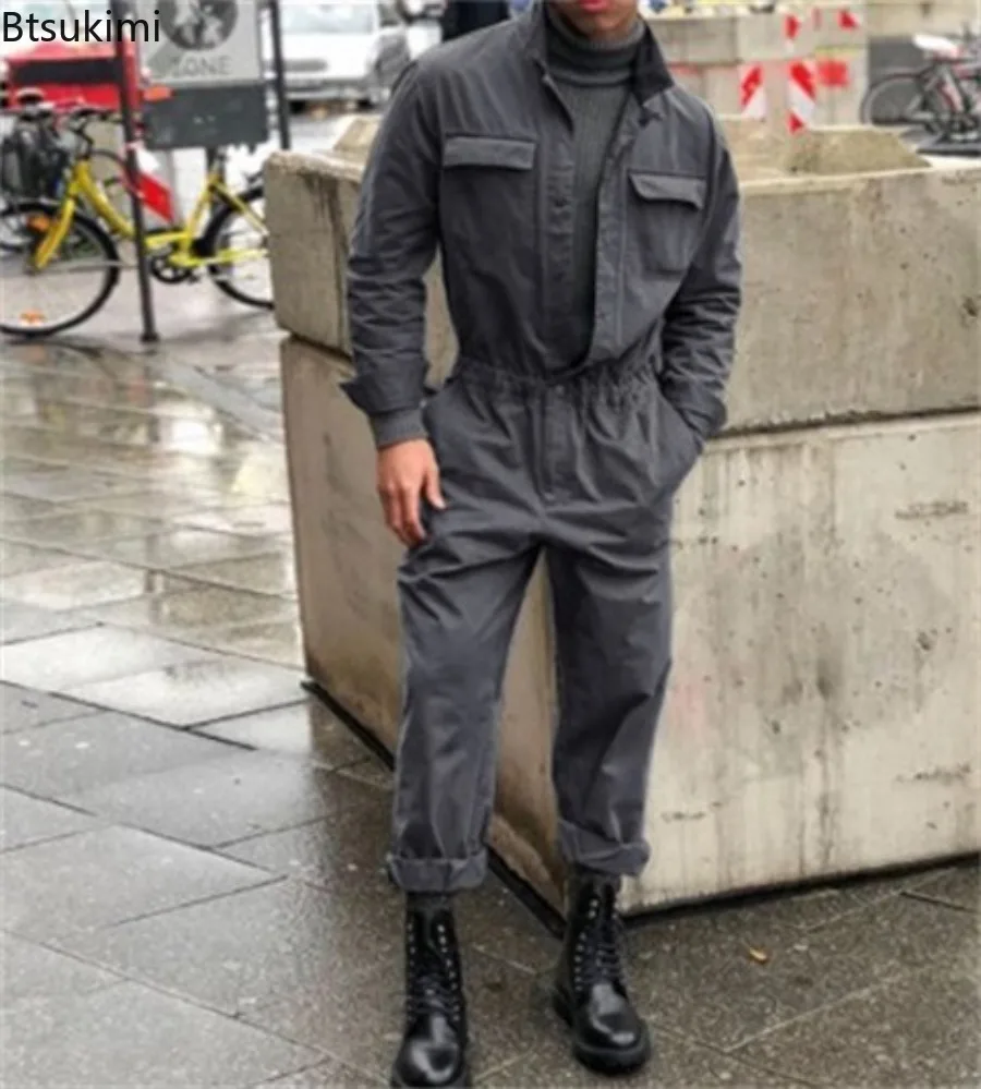 2025 Autumn Winter Fashion Men Clothing Jumpsuits New Stand Collar Long Sleeve Trousers Men Casual Streetwear One Piece Overalls