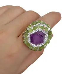 Y·YING Natural Amethyst Rough Raw Peridot Finger Rings Anniversary Women Jewelry Adjustable