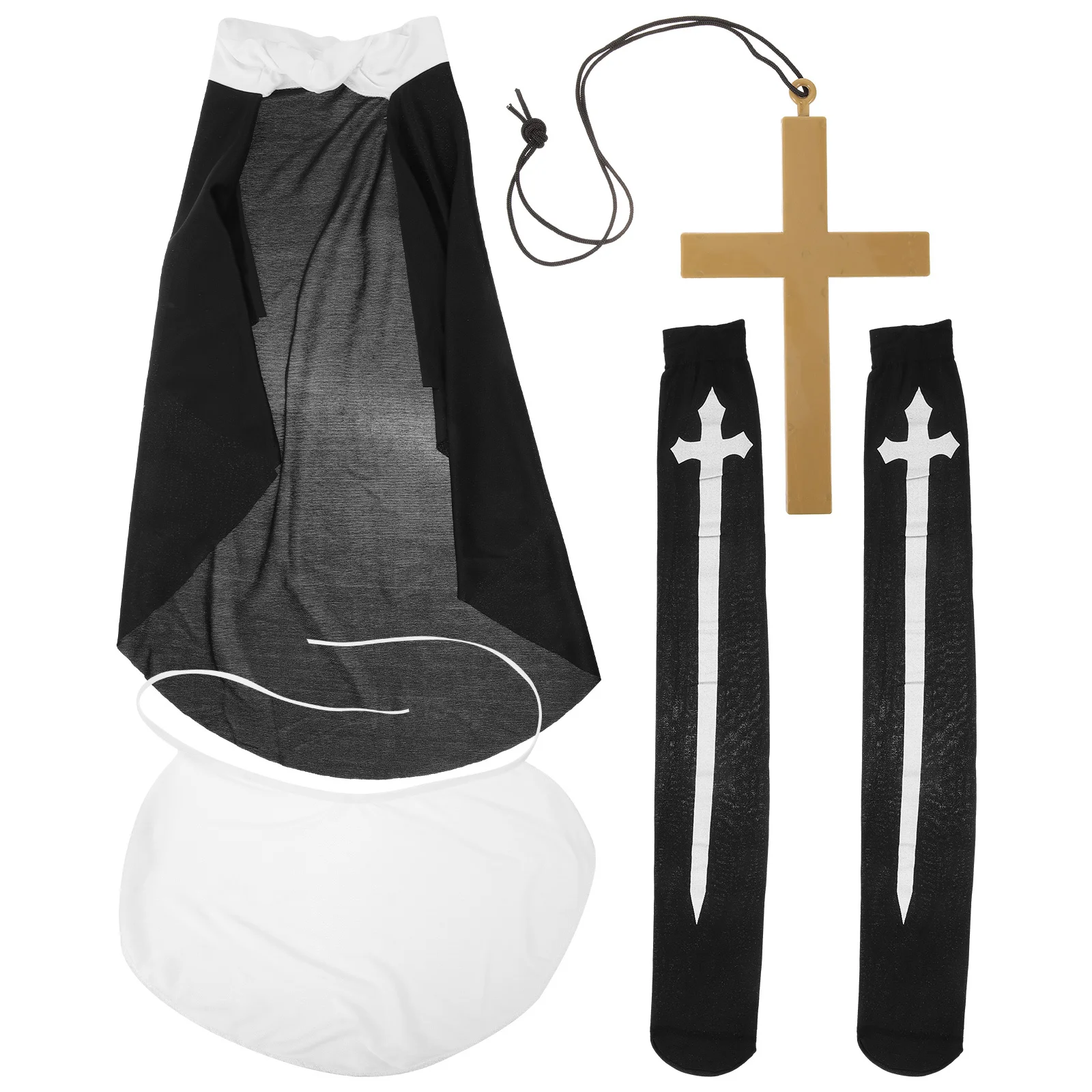 

1Set Nun Costume Set Halloween Cosplay Nun Hat Cross Pendant Necklace Over The Knee Thigh High Socks for Women