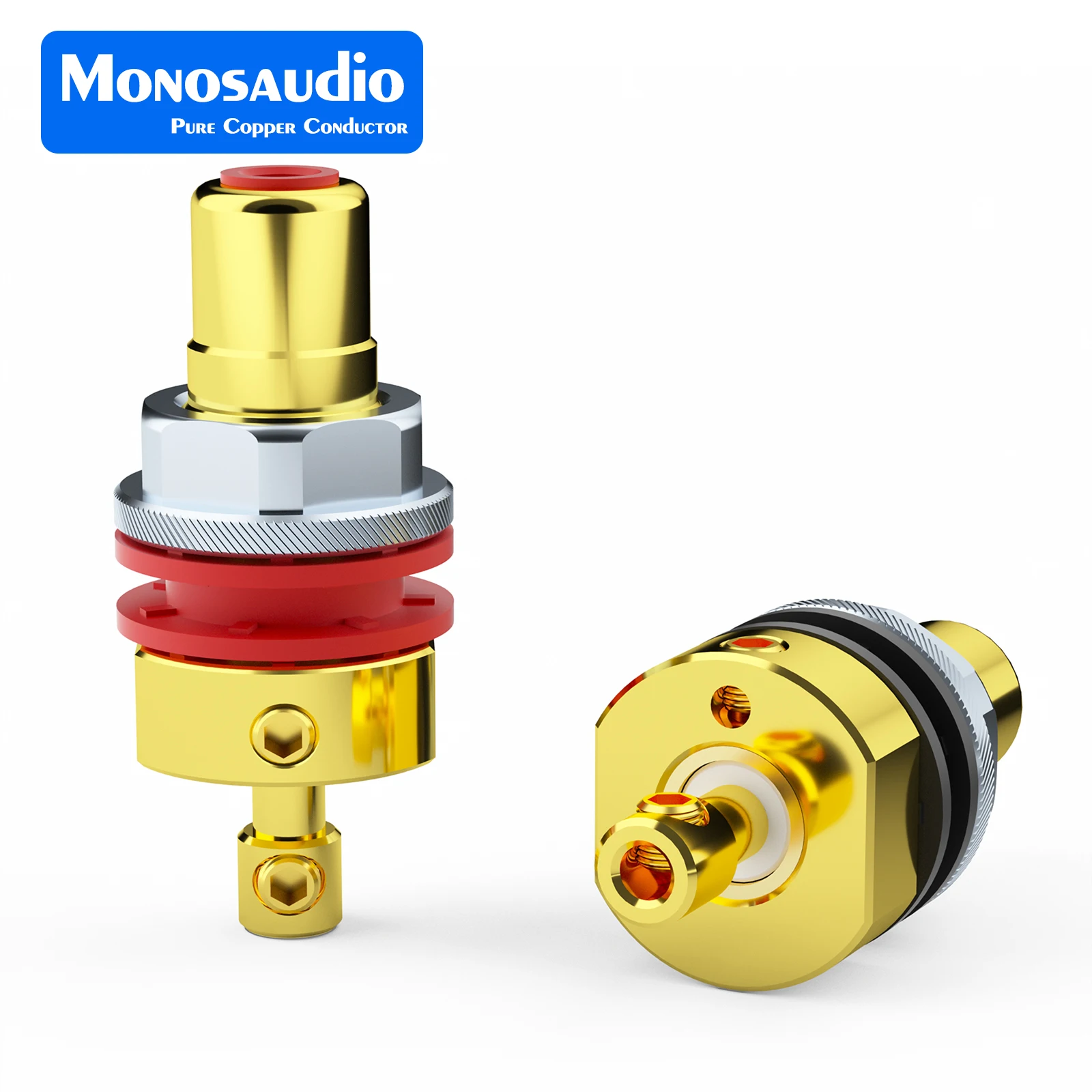 Wzmacniacz mocy Hi-Fi Monosaudio C406G C406R, rodowane złącza RCA żeńskie z czystej miedzi 99,995% z pozłotką 24K. — zdjęcie produktu 2