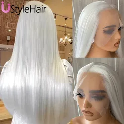 UStyleHair Eissweiße Perücke mit Spitze vorne, synthetische lange, seidige, gerade Perücke für Frauen, natürlicher Haaransatz, täglicher Gebrauch, Cosplay-Platin-Perücke