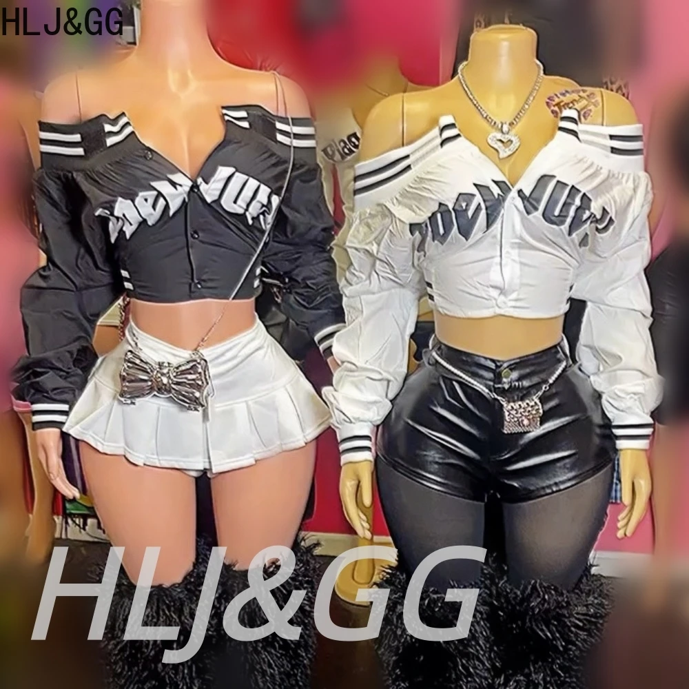 

HLJ&GG Fashion Off Shoulder Button Top Two Piece Sets Women Long Sleeve Crop Top And Leather Shorts Outfits Y2K 2pcs Streetwear