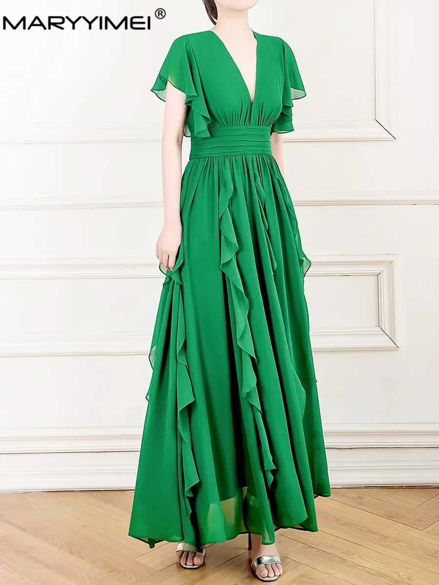MARYYIMEI créateur de mode été femmes robe col en v manches papillon mince taille haute élégant volants robes vertes