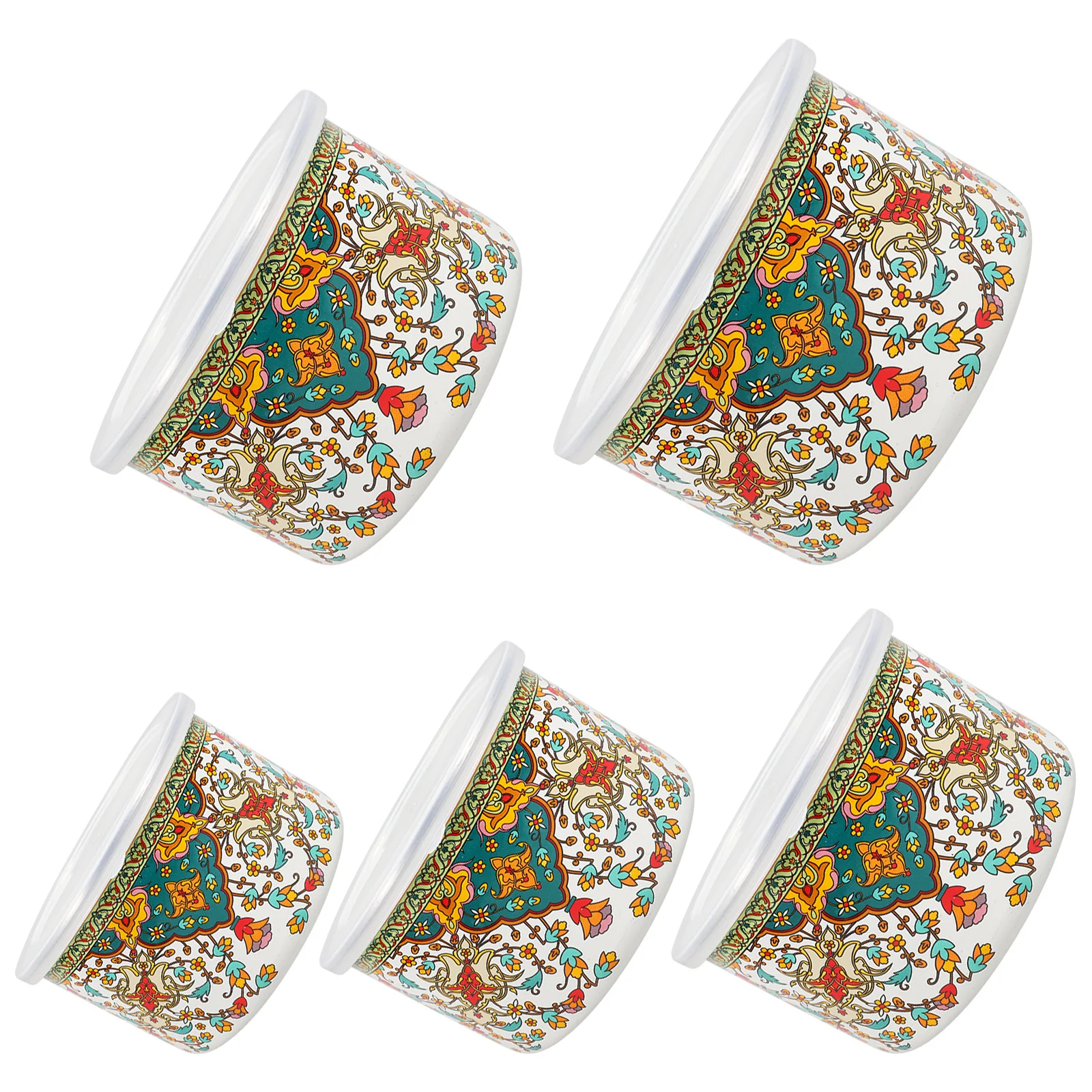 5Pcs Enamel Bowls with Lids Vintage Style Chinese Soup Bowl for Noodle Salad Rice Food Storage Kitchen Supplies