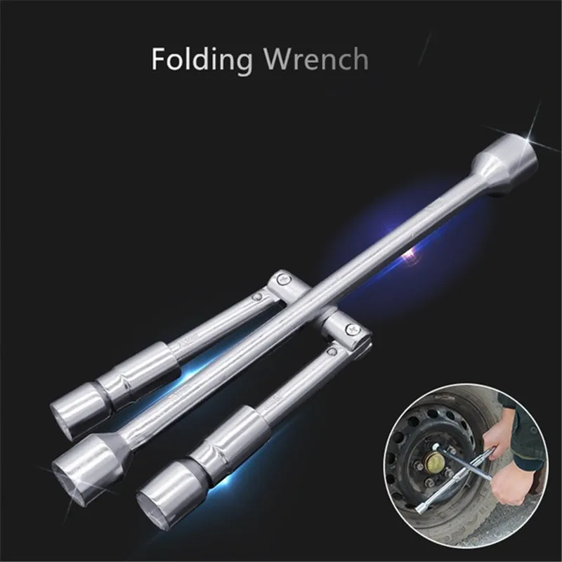 Detachable 4 Way Wrench With 17mm 19mm 21mm 23mm Standard Sockets Universal Car Vehicle Auto Tire Tool Wheel Brace Silver