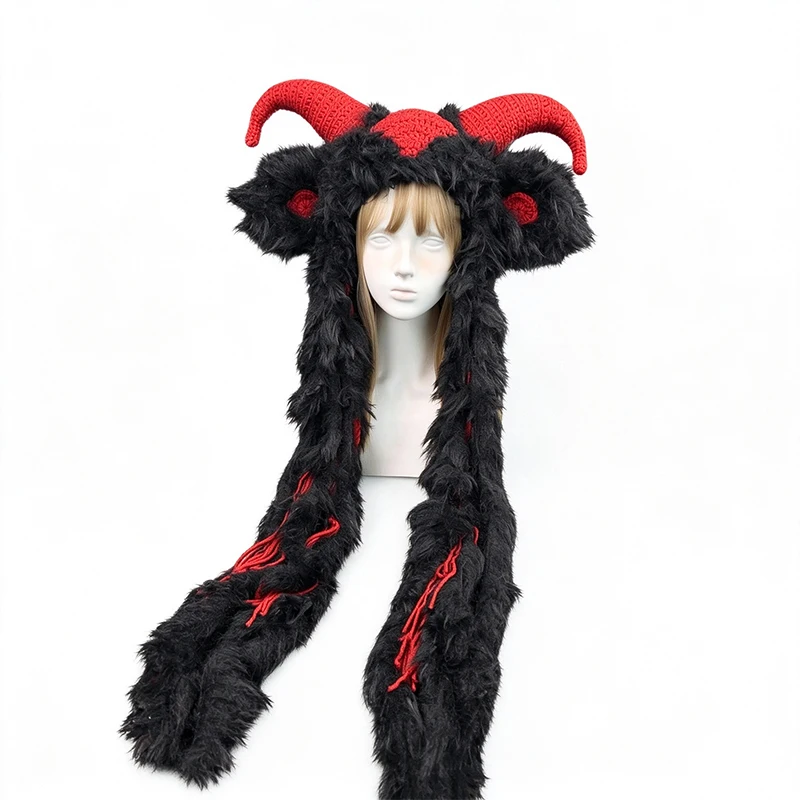 Handmade Red Black Viking Cow Goat Horn Jester Hat Men Warm Custom Crochet Plush Knit Beanie Women Unisex Cosplay Party Hood Cap